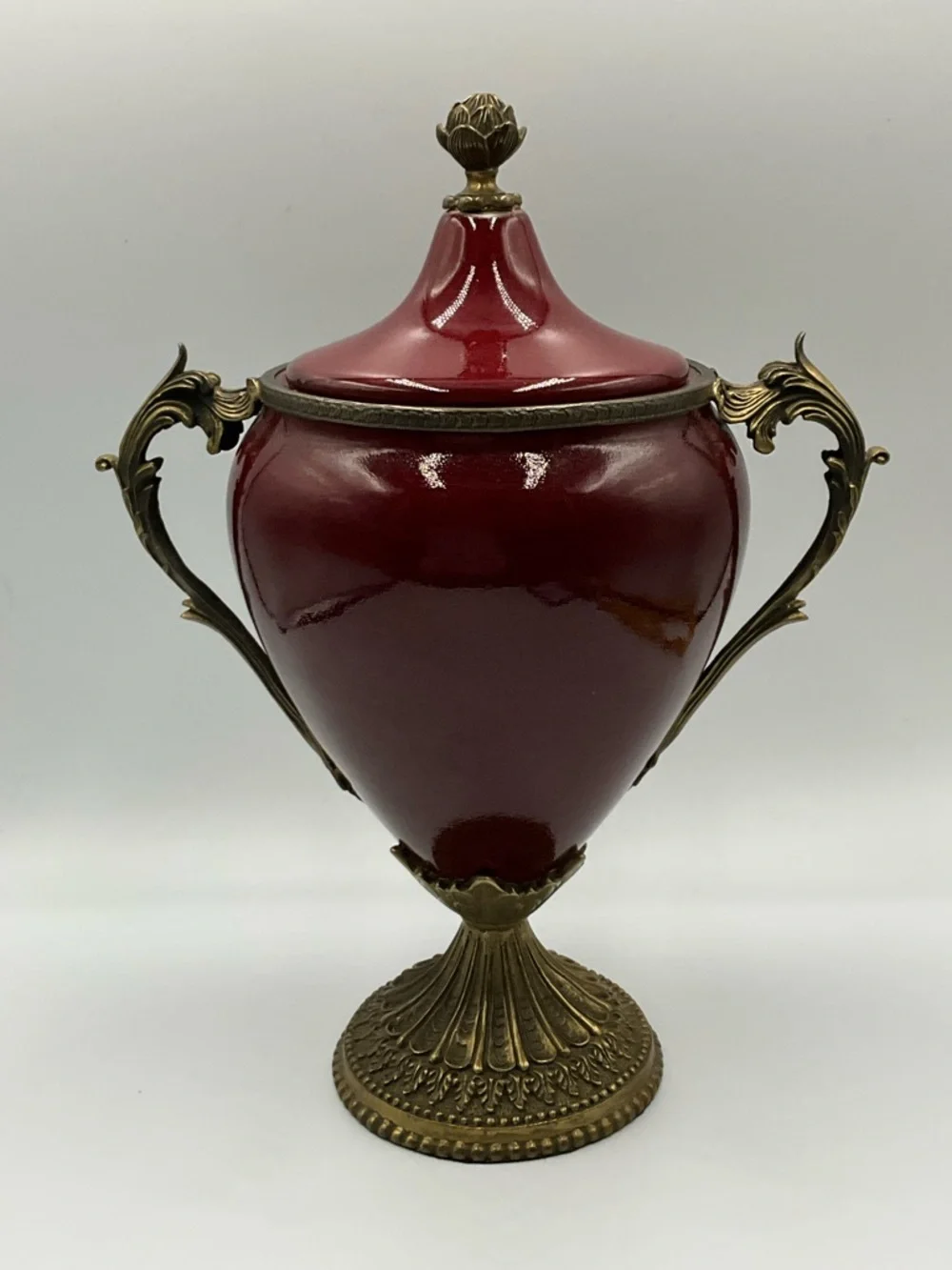 Urn Vintage Ornate Red Ceramic Urn with Brass Accents Rare